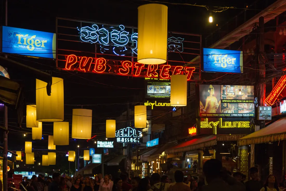 Pub Street in Siem Reap lit up at night